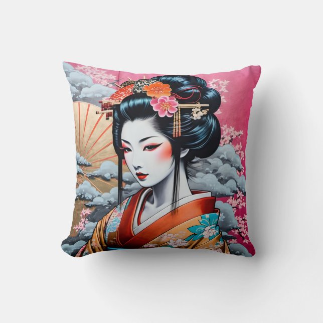 Geisha and Sakura: Japanese-Inspired Art Kissen (Vorderseite)