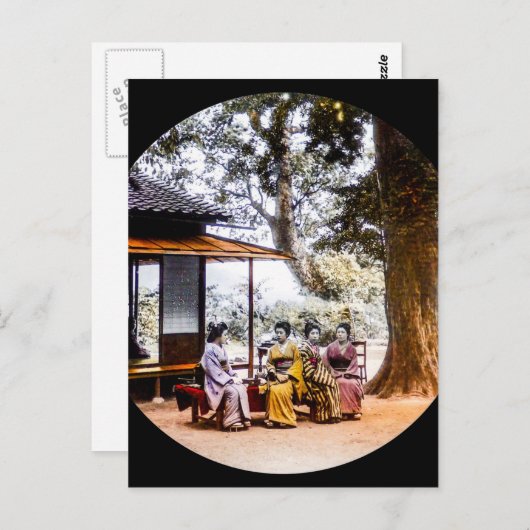 Geisha besucht außerhalb eines Teehauses im alten Postkarte (Vorne/Hinten)