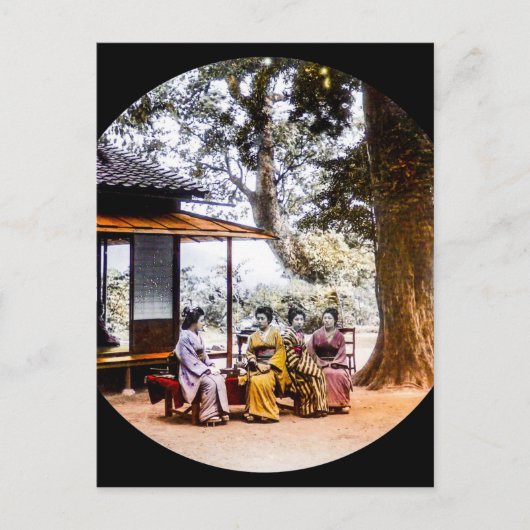 Geisha besucht außerhalb eines Teehauses im alten  Postkarte (Vorderseite)