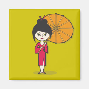 Geisha-Damen-Cartoon auf einem grünen Hintergrund Magnet