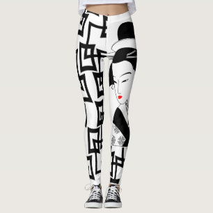 geisha girl japanese Schwarz-weiße grafische Legg Leggings