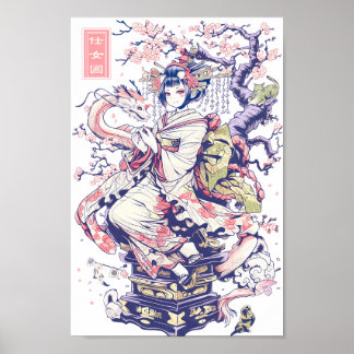 Geisha Girl mit Dragon und Katzen 37002 Poster