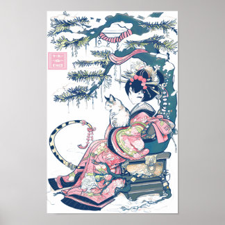 Geisha Girl mit Dragon und Katzen 37003 Poster