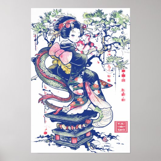 Geisha Girl mit Dragon und Katzen 37004 Poster (Vorne)