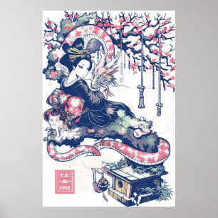 Geisha Girl mit Dragon und Katzen 37005 Poster