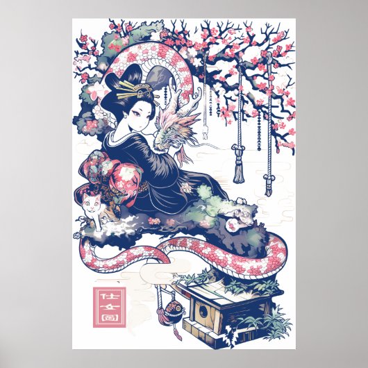 Geisha Girl mit Dragon und Katzen 37005 Poster (Vorne)
