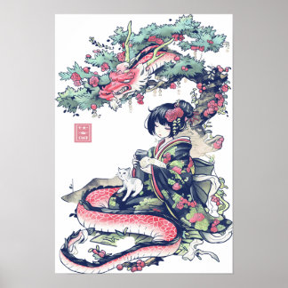 Geisha Girl mit Dragon und Katzen 37006 Poster