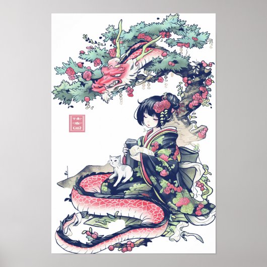 Geisha Girl mit Dragon und Katzen 37006 Poster (Vorne)