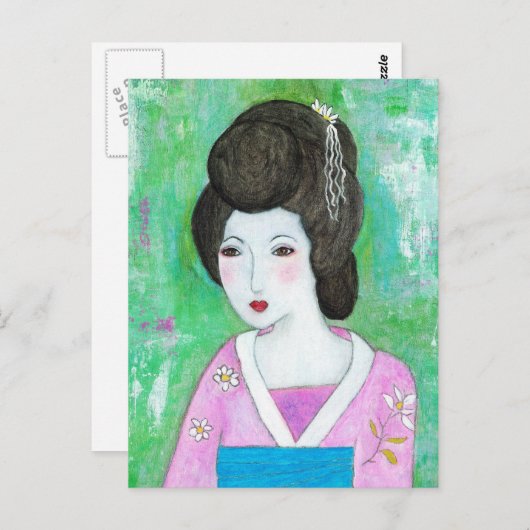Geisha Girl Mixed Media Abstrakte Malerei Postkarte (Vorne/Hinten)