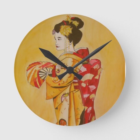 Geisha gold kimono originale Aquarellkunst Runde Wanduhr (Vorderseite)