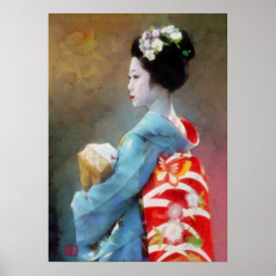 Geisha in blauer Kimono-Kunst Poster