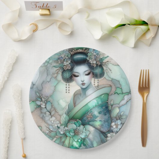 Geisha in Green Design Serie #1 Pappteller (Hochzeit)