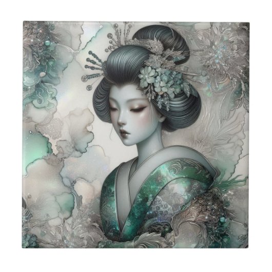 Geisha in Green Design Serie #2 Fliese (Vorderseite)