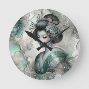 Geisha in Green Design Serie #2 Runde Wanduhr