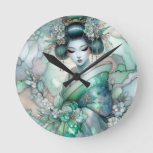 Geisha in Grün Design Serie #1 Runde Wanduhr