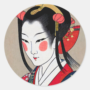Geisha in rotem blauem Kimono   Ukyio-e japanische Runder Aufkleber