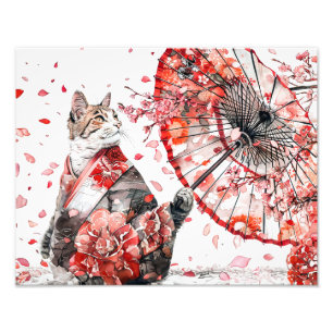 Geisha-Katze in einem detaillierten Kimono sitzt e Fotodruck