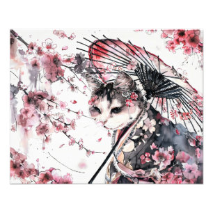 Geisha Katze mit Parasol und Kirschblüten in Chi Fotodruck