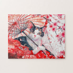 Geisha Katze mit Schirm in chinesischer Tinte Puzzle