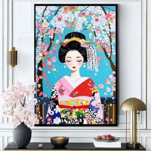 Geisha Kimono Kirschblüten Japanische Wandkunst Poster