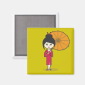 Geisha Lady Cartoon auf grünem Hintergrund Magnet (Vorderseite/Rückseite)