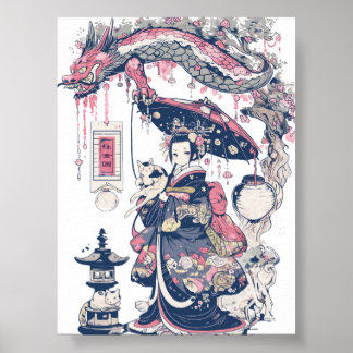 Geisha mit Dragon und Katzen 37007 Poster