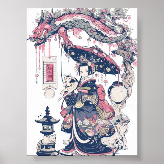 Geisha mit Dragon und Katzen 37007 Poster (Vorne)