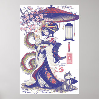 Geisha mit Dragon und Katzen 37009 Poster