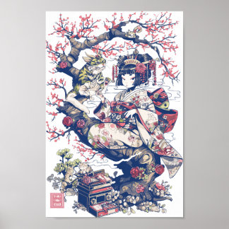 Geisha mit Dragon und Katzen 37010 Poster