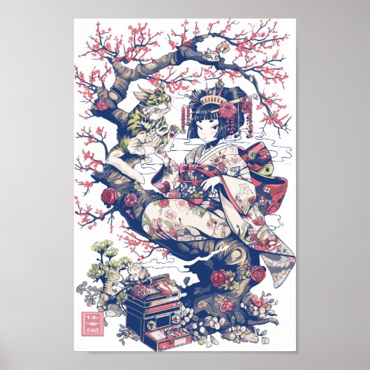 Geisha mit Dragon und Katzen 37010 Poster (Vorne)