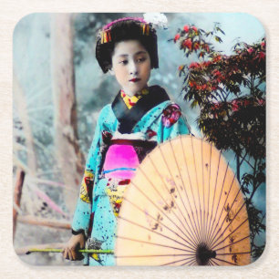 Geisha mit einem Wagasa-Papierparasol Vintage Japa Rechteckiger Pappuntersetzer