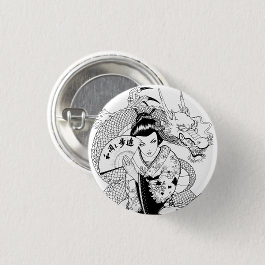Geisha mit Fan-Drachen Button (Vorne & Hinten)