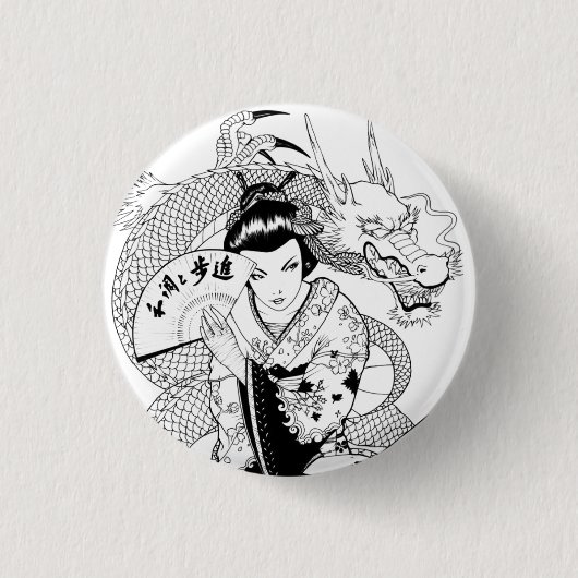 Geisha mit Fan-Drachen Button (Vorderseite)