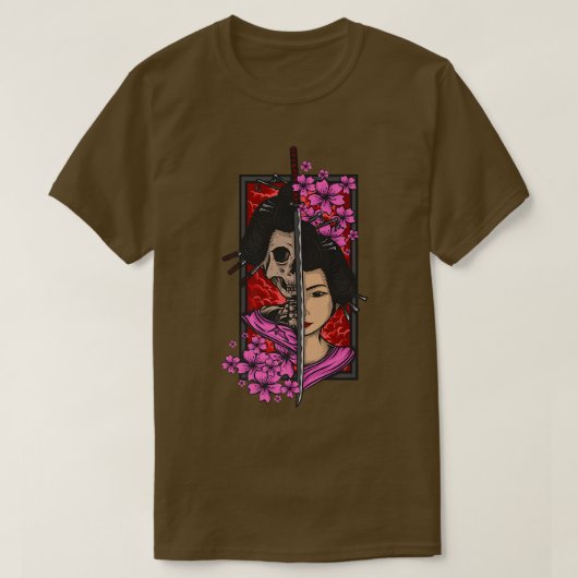 Geisha mit Katana und Sakura Kirschblüte samur T-Shirt (Design vorne)