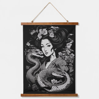 Geisha mit Schlangen Wandteppich Mit Holzrahmen