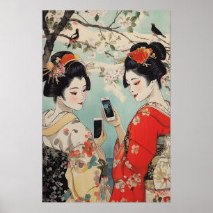Geisha mit Smartphones Kunstprint Ukiyo-e Japanisc Poster