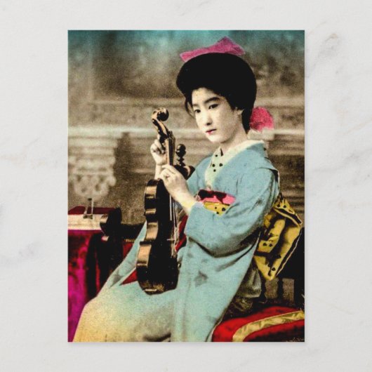 Geisha mit Violine Vintager japanischer Musiker Postkarte (Vorderseite)