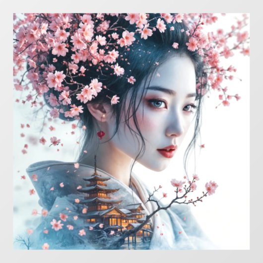 Geisha portrait, cherry blossoms, Japanese art, Fensteraufkleber (Blatt)