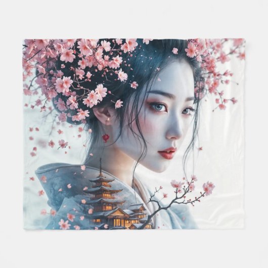 Geisha portrait, cherry blossoms, Japanese art, Fleecedecke (Vorderseite (Horizontal))