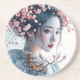 Geisha portrait, cherry blossoms, Japanese art, Getränkeuntersetzer