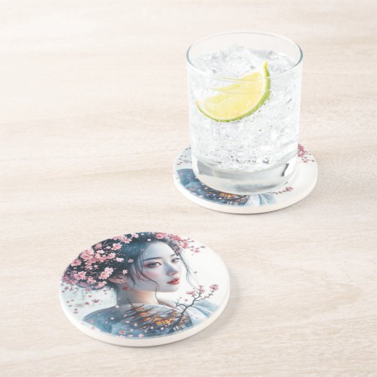 Geisha portrait, cherry blossoms, Japanese art, Getränkeuntersetzer (Seite)