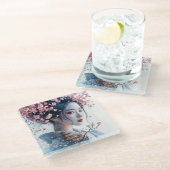 Geisha portrait, cherry blossoms, Japanese art, Glasuntersetzer (Schrägansicht)