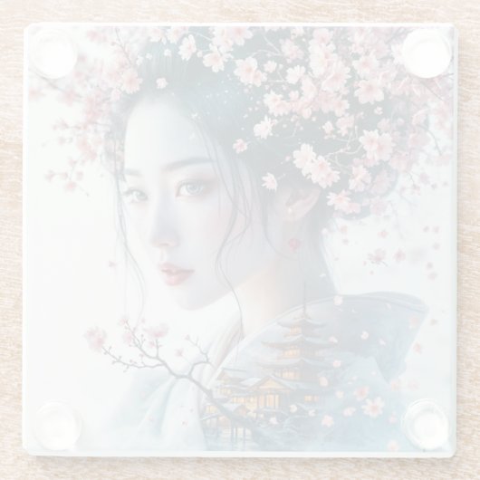  Geisha portrait, cherry blossoms, Japanese art, Glasuntersetzer (Rückseite)
