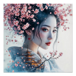  Geisha portrait, cherry blossoms, Japanese art, Poster