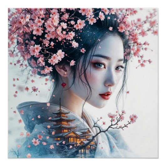  Geisha portrait, cherry blossoms, Japanese art, Poster (Vorderseite)