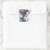 Geisha portrait, cherry blossoms, Japanese art, Quadratischer Aufkleber (Tasche)