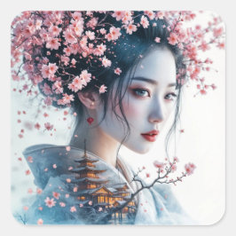  Geisha portrait, cherry blossoms, Japanese art, Quadratischer Aufkleber