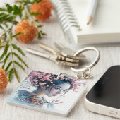 Geisha portrait, cherry blossoms, Japanese art, Schlüsselanhänger (Vorderseite rechts)
