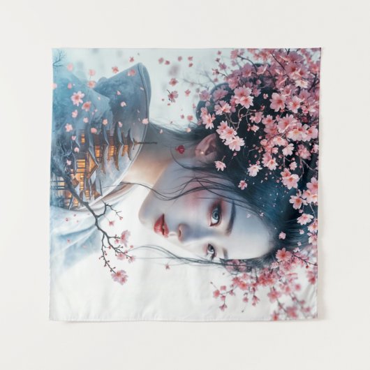  Geisha portrait, cherry blossoms, Japanese art, Wandteppich (Vorderseite (Horizontal))
