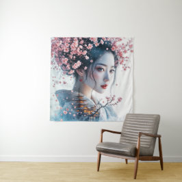 Geisha portrait, cherry blossoms, Japanese art, Wandteppich